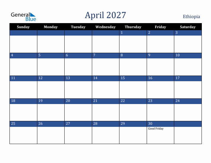 April 2027 Ethiopia Calendar (Sunday Start)