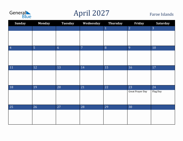 April 2027 Faroe Islands Calendar (Sunday Start)