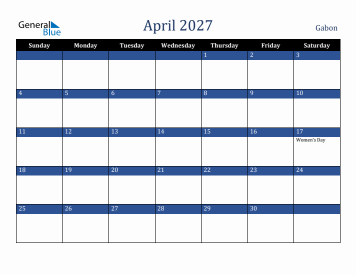 April 2027 Gabon Calendar (Sunday Start)
