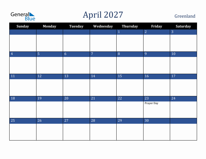 April 2027 Greenland Calendar (Sunday Start)