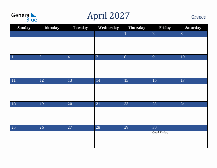 April 2027 Greece Calendar (Sunday Start)