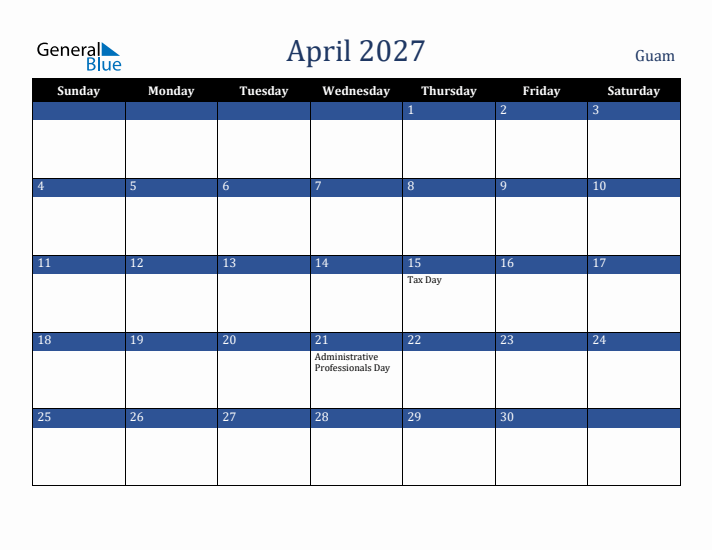April 2027 Guam Calendar (Sunday Start)