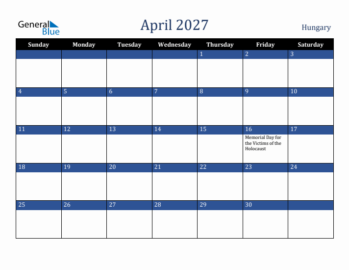 April 2027 Hungary Calendar (Sunday Start)