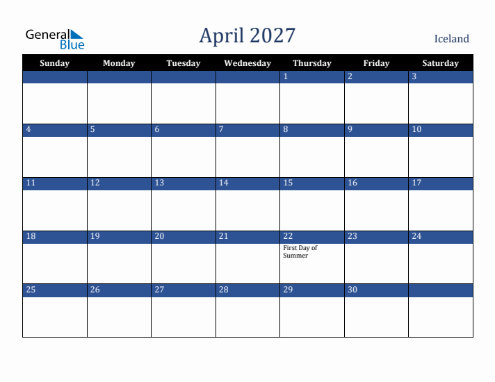 April 2027 Iceland Calendar (Sunday Start)