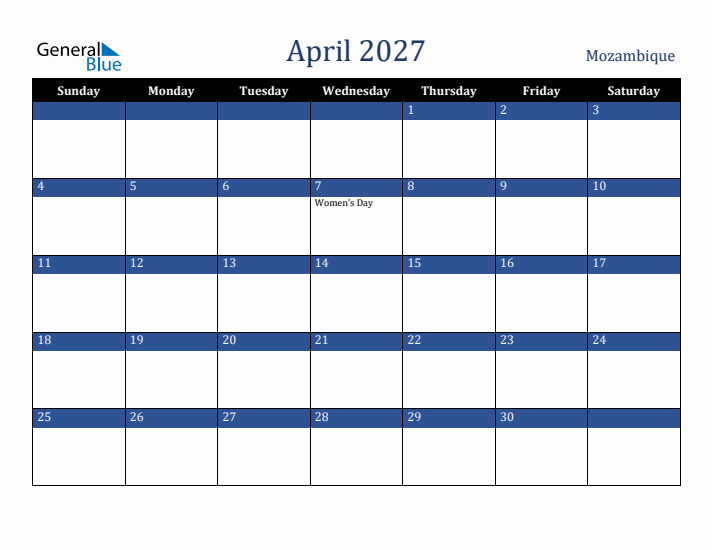 April 2027 Mozambique Calendar (Sunday Start)