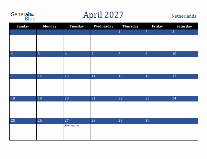 April 2027 The Netherlands Calendar (Sunday Start)