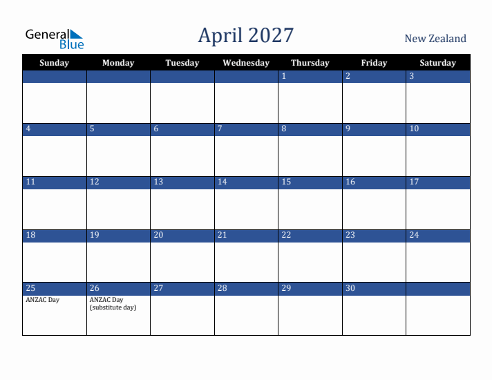 April 2027 New Zealand Calendar (Sunday Start)