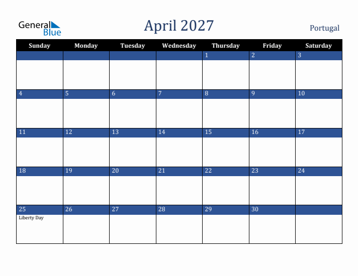 April 2027 Portugal Calendar (Sunday Start)