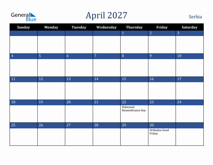 April 2027 Serbia Calendar (Sunday Start)