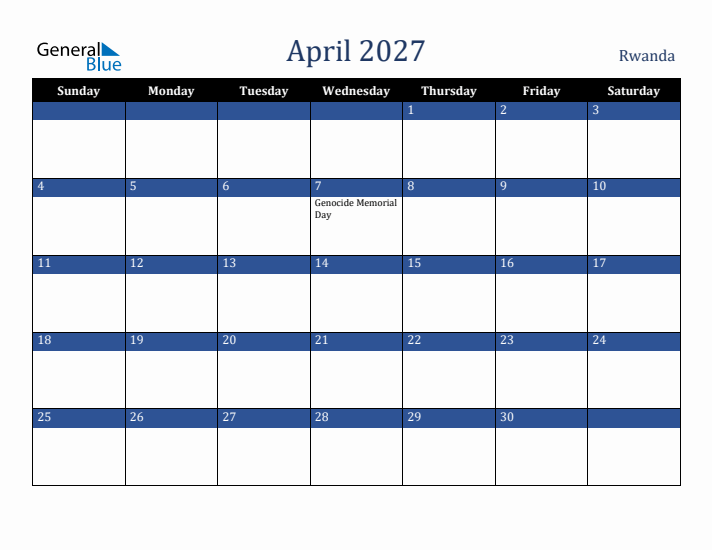 April 2027 Rwanda Calendar (Sunday Start)