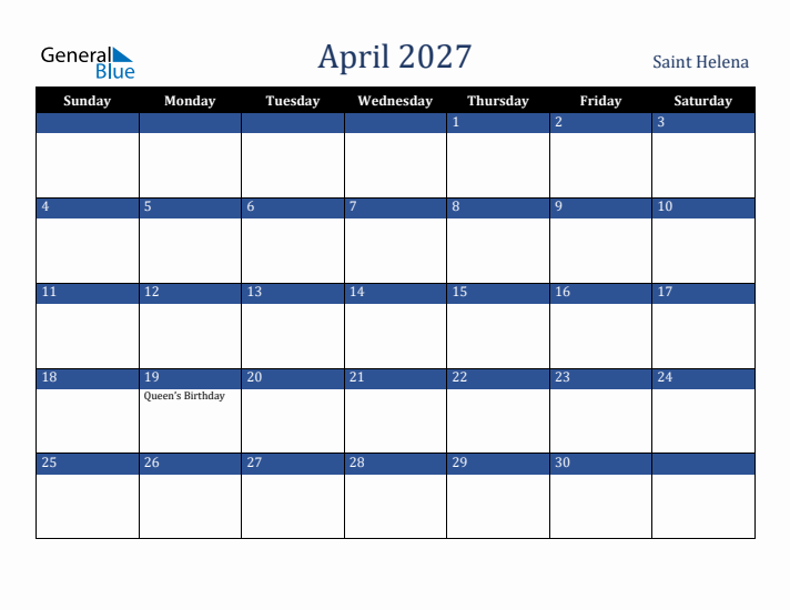 April 2027 Saint Helena Calendar (Sunday Start)
