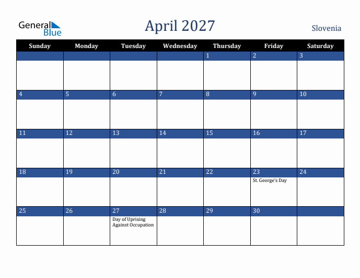 April 2027 Slovenia Calendar (Sunday Start)