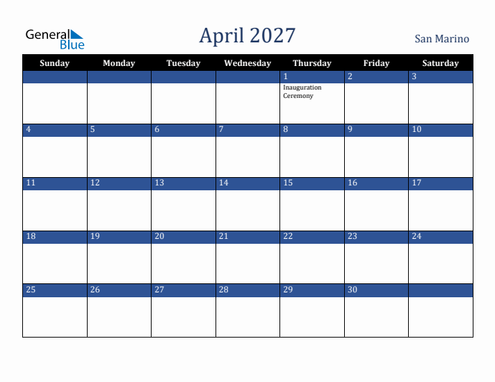 April 2027 San Marino Calendar (Sunday Start)