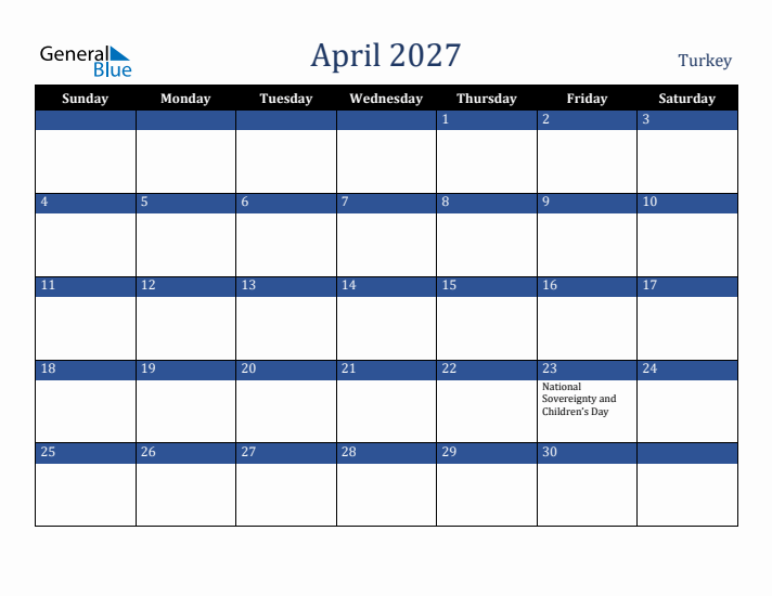 April 2027 Turkey Calendar (Sunday Start)