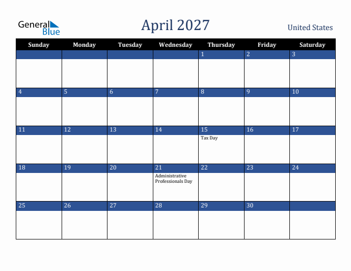 April 2027 United States Calendar (Sunday Start)