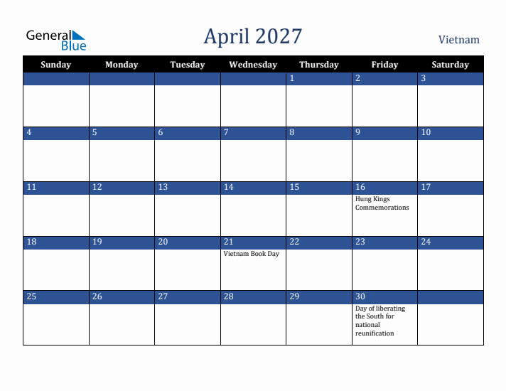 April 2027 Vietnam Calendar (Sunday Start)