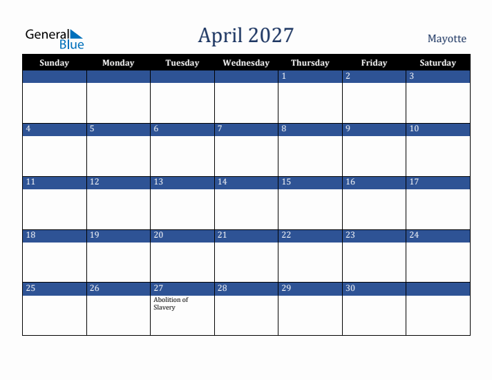 April 2027 Mayotte Calendar (Sunday Start)