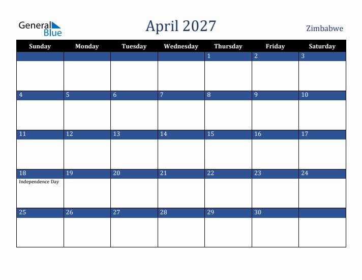 April 2027 Zimbabwe Calendar (Sunday Start)