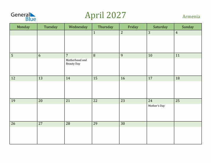 April 2027 Calendar with Armenia Holidays