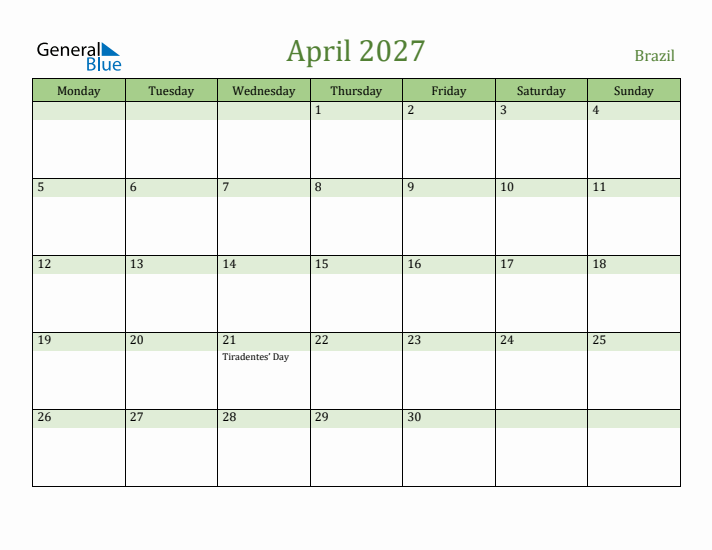 April 2027 Calendar with Brazil Holidays