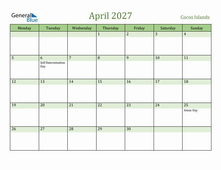 April 2027 Calendar with Cocos Islands Holidays