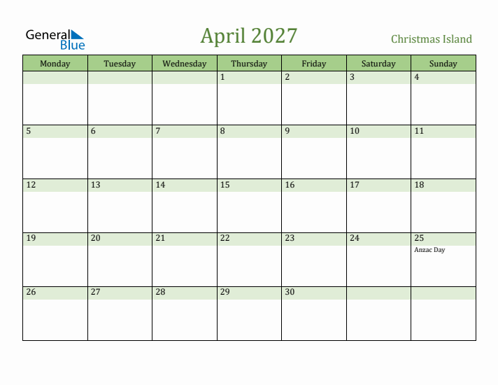 April 2027 Calendar with Christmas Island Holidays