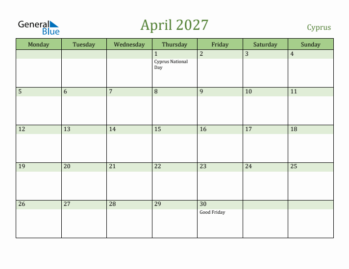 April 2027 Calendar with Cyprus Holidays