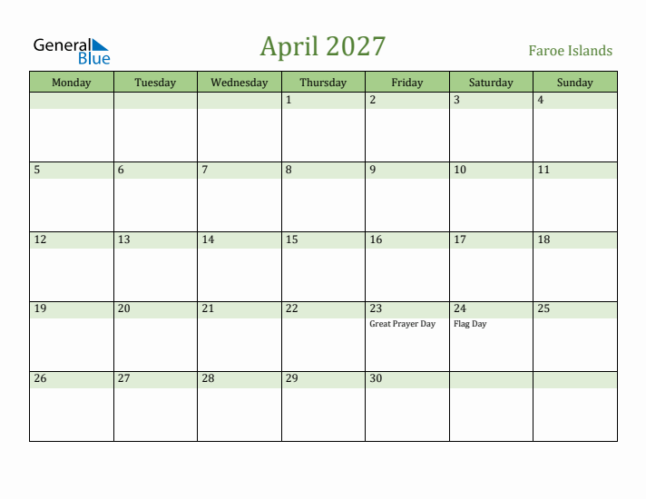 April 2027 Calendar with Faroe Islands Holidays