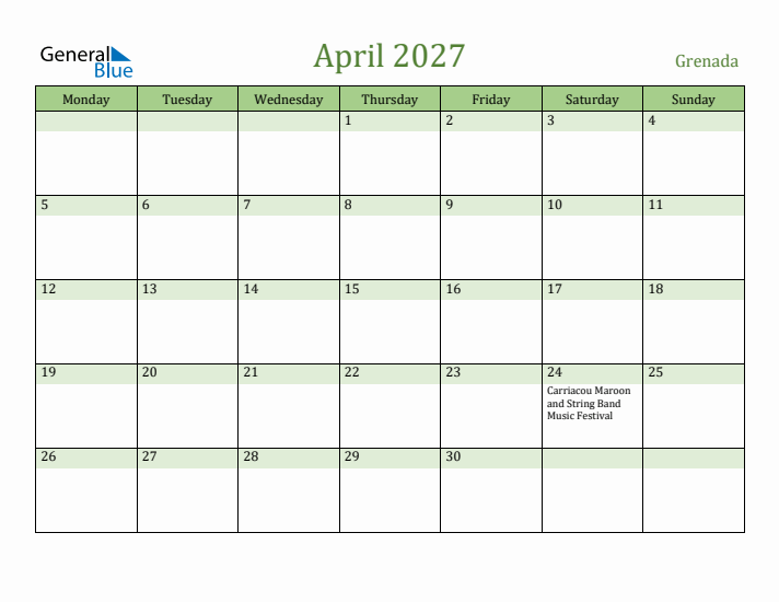 April 2027 Calendar with Grenada Holidays