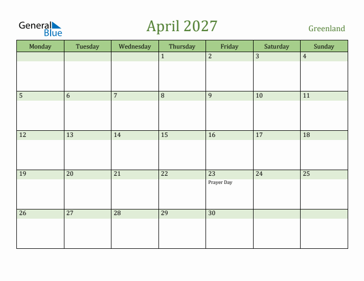 April 2027 Calendar with Greenland Holidays