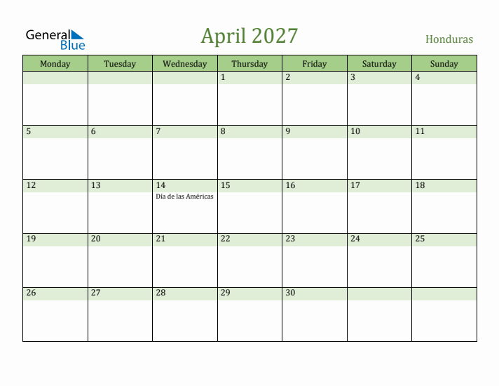 April 2027 Calendar with Honduras Holidays