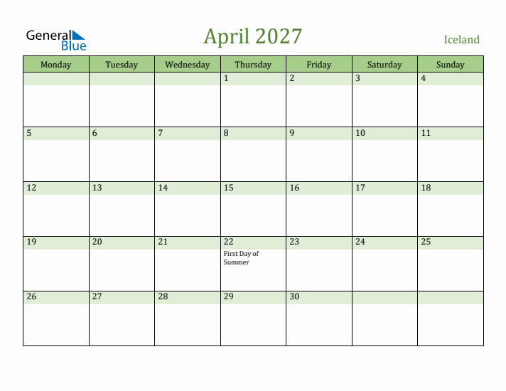 April 2027 Calendar with Iceland Holidays