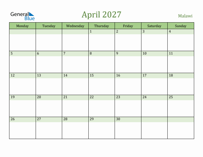 April 2027 Calendar with Malawi Holidays