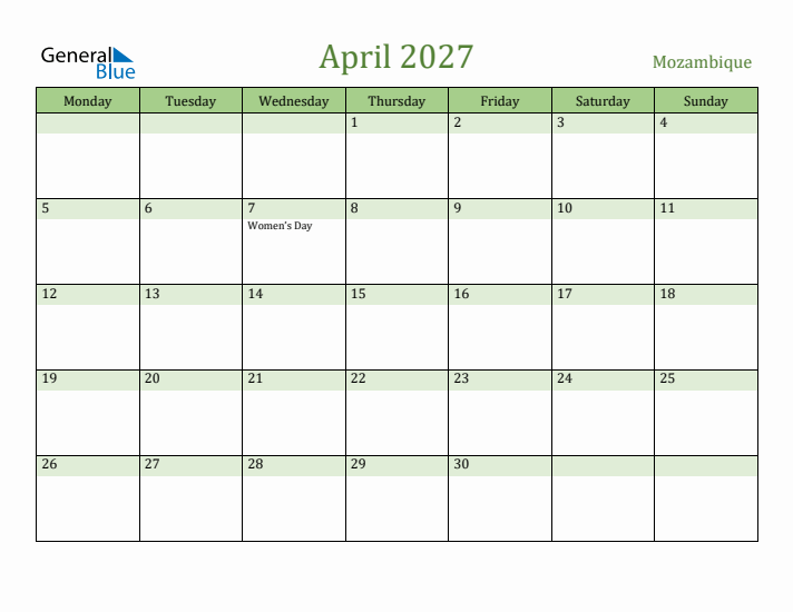 April 2027 Calendar with Mozambique Holidays
