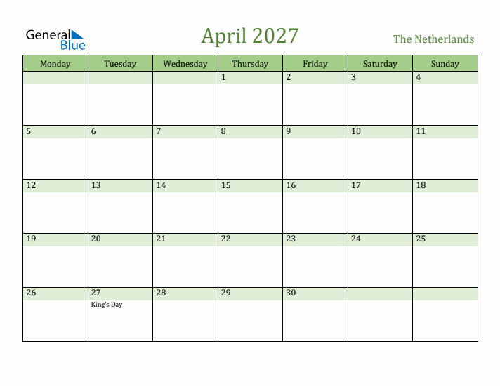 April 2027 Calendar with The Netherlands Holidays