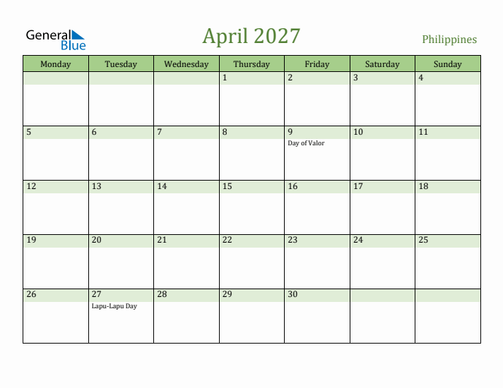 April 2027 Calendar with Philippines Holidays