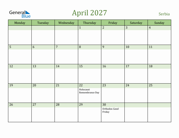 April 2027 Calendar with Serbia Holidays