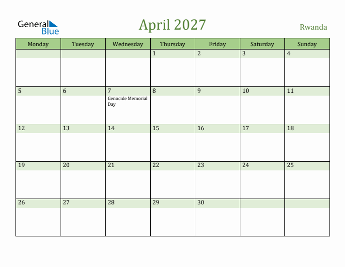 April 2027 Calendar with Rwanda Holidays