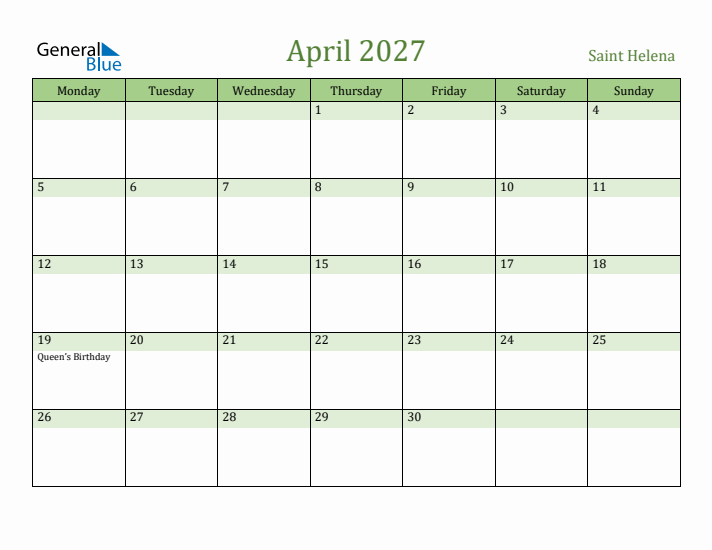 April 2027 Calendar with Saint Helena Holidays