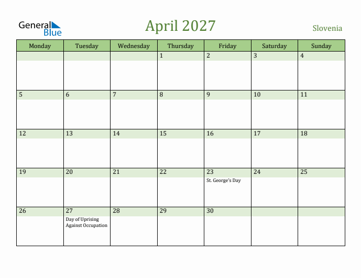 April 2027 Calendar with Slovenia Holidays