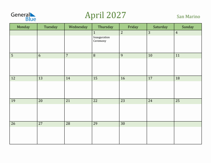 April 2027 Calendar with San Marino Holidays