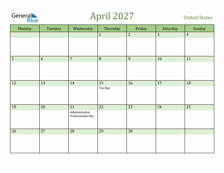 April 2027 Calendar with United States Holidays