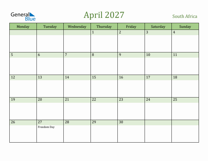 April 2027 Calendar with South Africa Holidays