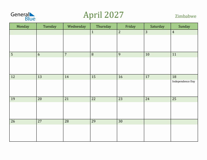 April 2027 Calendar with Zimbabwe Holidays