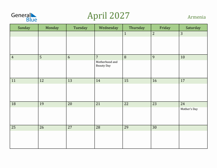 April 2027 Calendar with Armenia Holidays
