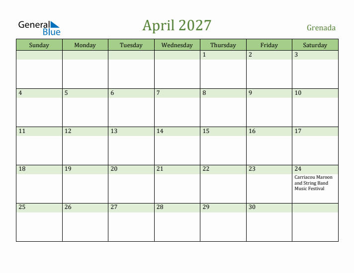 April 2027 Calendar with Grenada Holidays