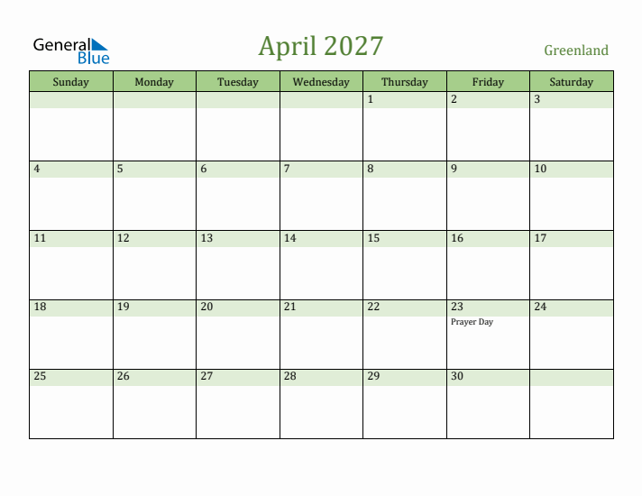 April 2027 Calendar with Greenland Holidays