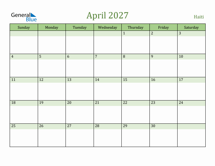 April 2027 Calendar with Haiti Holidays