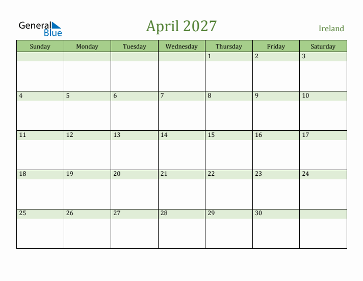 April 2027 Calendar with Ireland Holidays