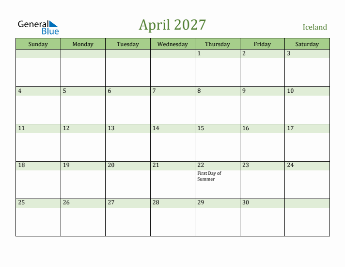 April 2027 Calendar with Iceland Holidays